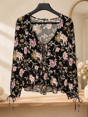 American Eagle Floral Print Blouse with Tie Front